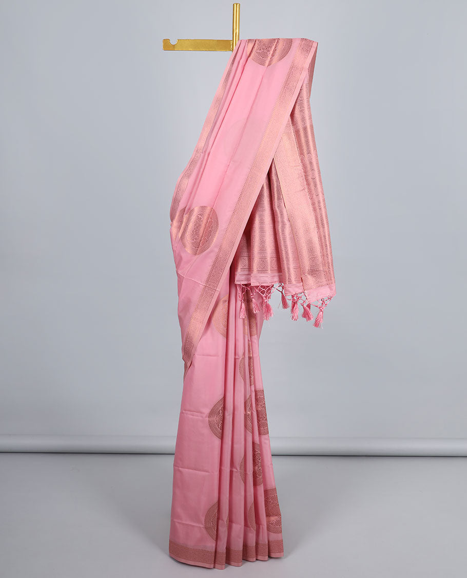Pink butter silk saree with chakram zari buttas, zari border & self-pallu of traditional designs