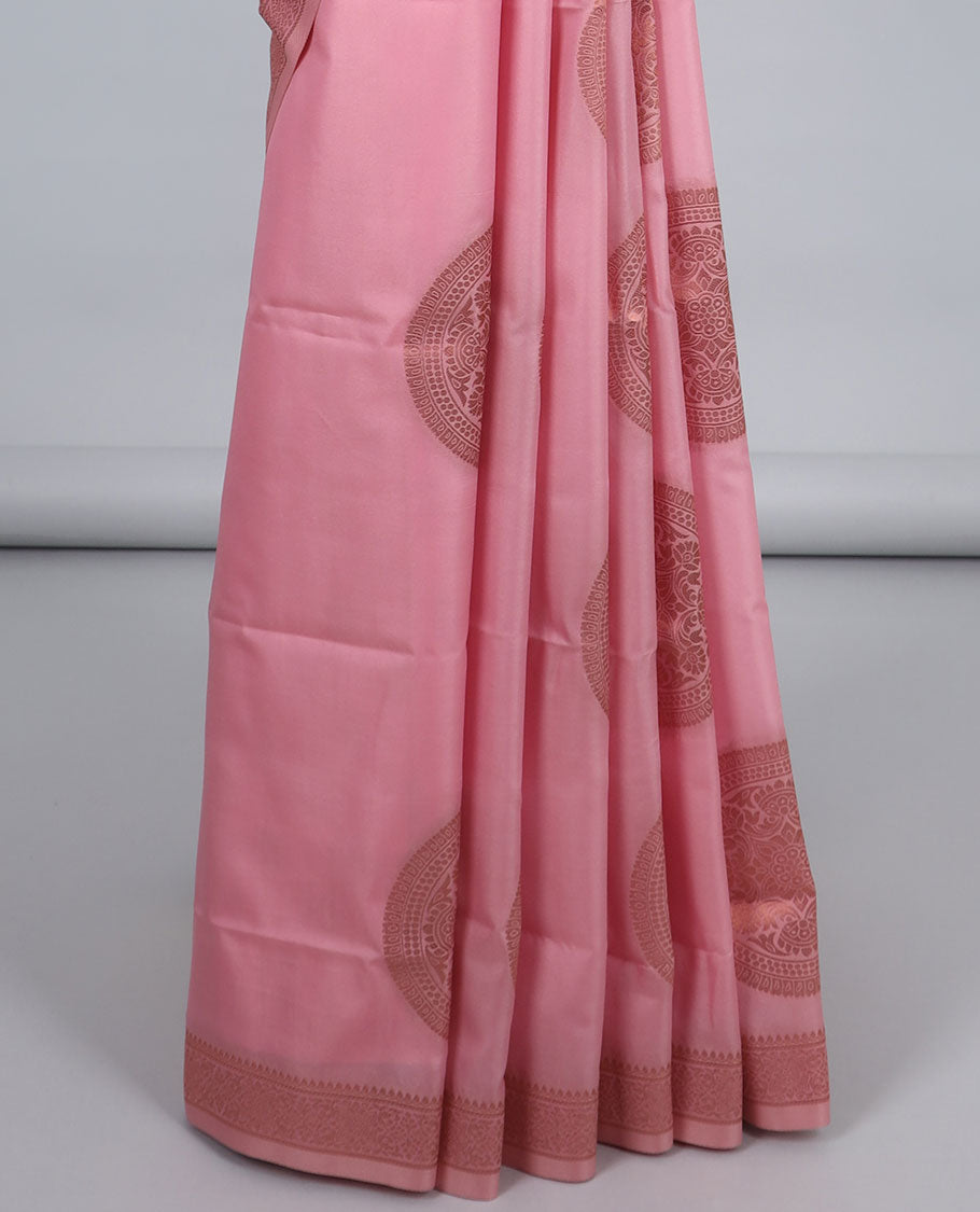 Pink butter silk saree with chakram zari buttas, zari border & self-pallu of traditional designs