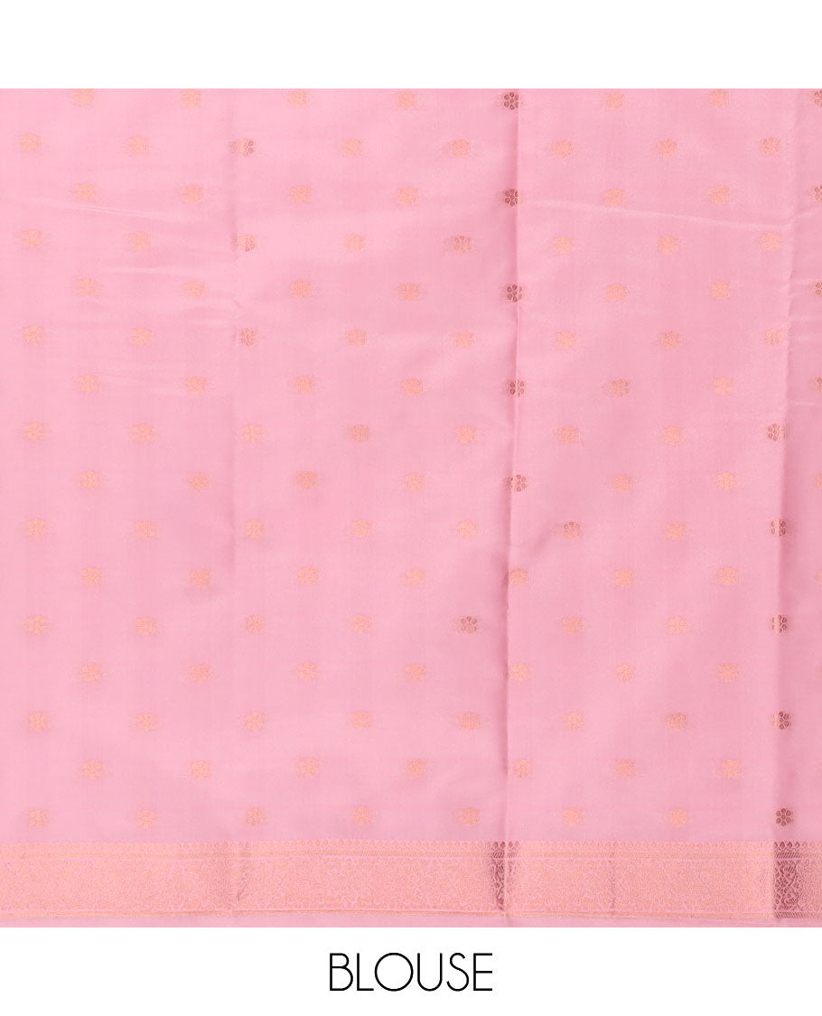Pink butter silk saree with chakram zari buttas, zari border & self-pallu of traditional designs