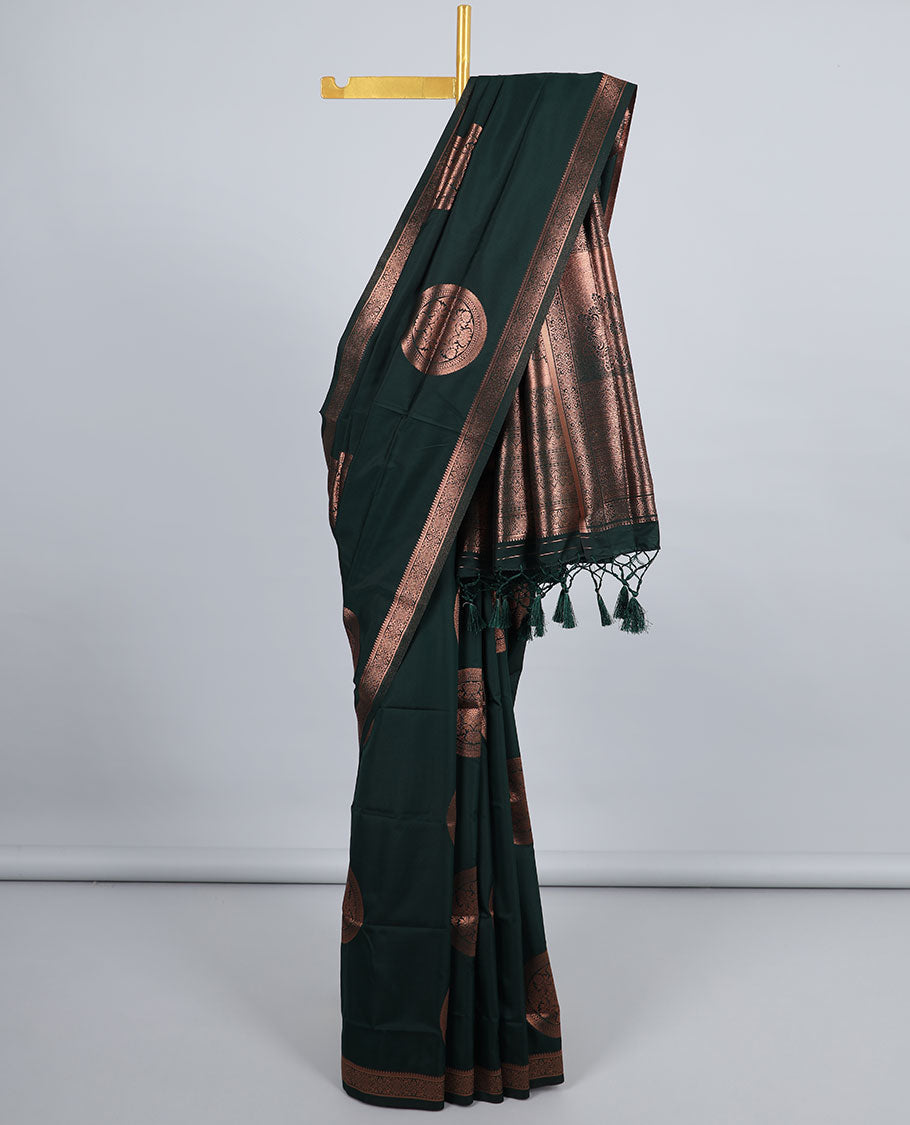 Green butter silk saree with chakram zari buttas, zari border & self-pallu of traditional designs