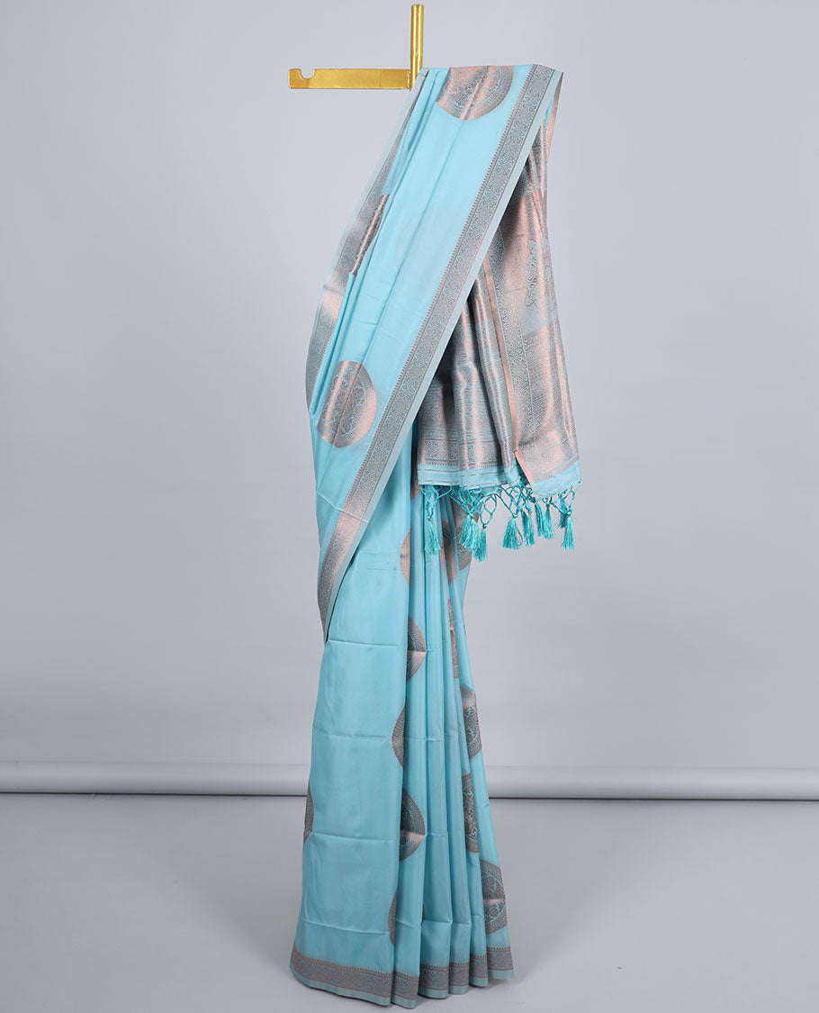 Blue butter silk saree with chakram zari buttas, zari border & self-pallu of traditional designs