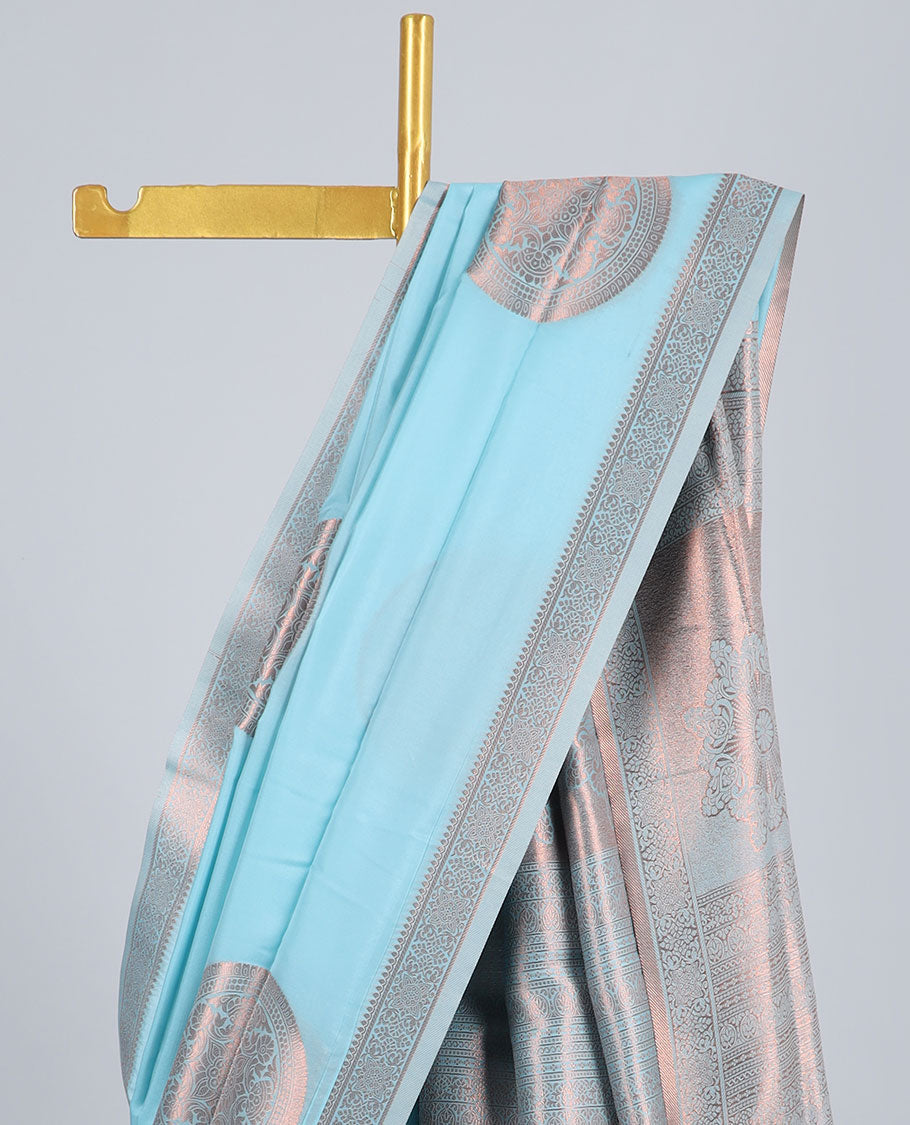 Blue butter silk saree with chakram zari buttas, zari border & self-pallu of traditional designs