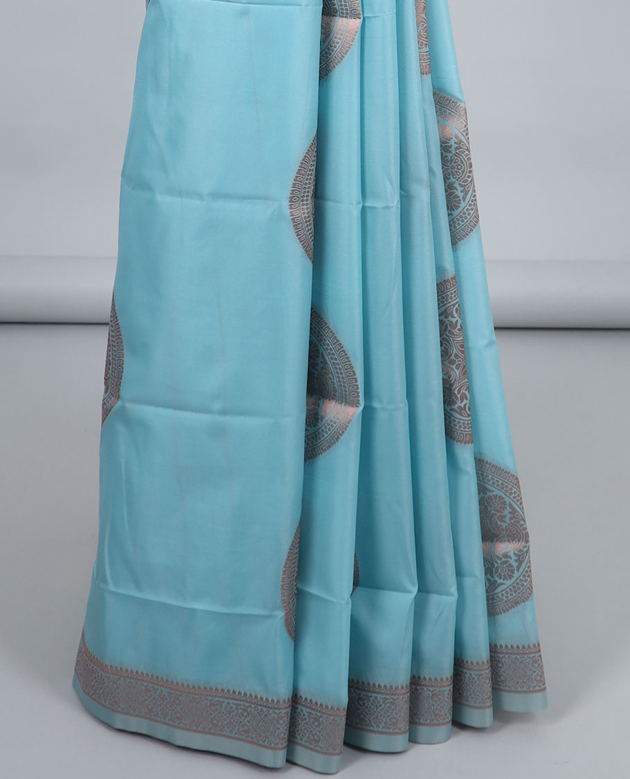 Blue butter silk saree with chakram zari buttas, zari border & self-pallu of traditional designs