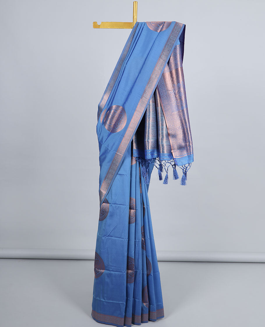 Blue butter silk saree with chakram zari buttas, zari border & self-pallu of traditional designs
