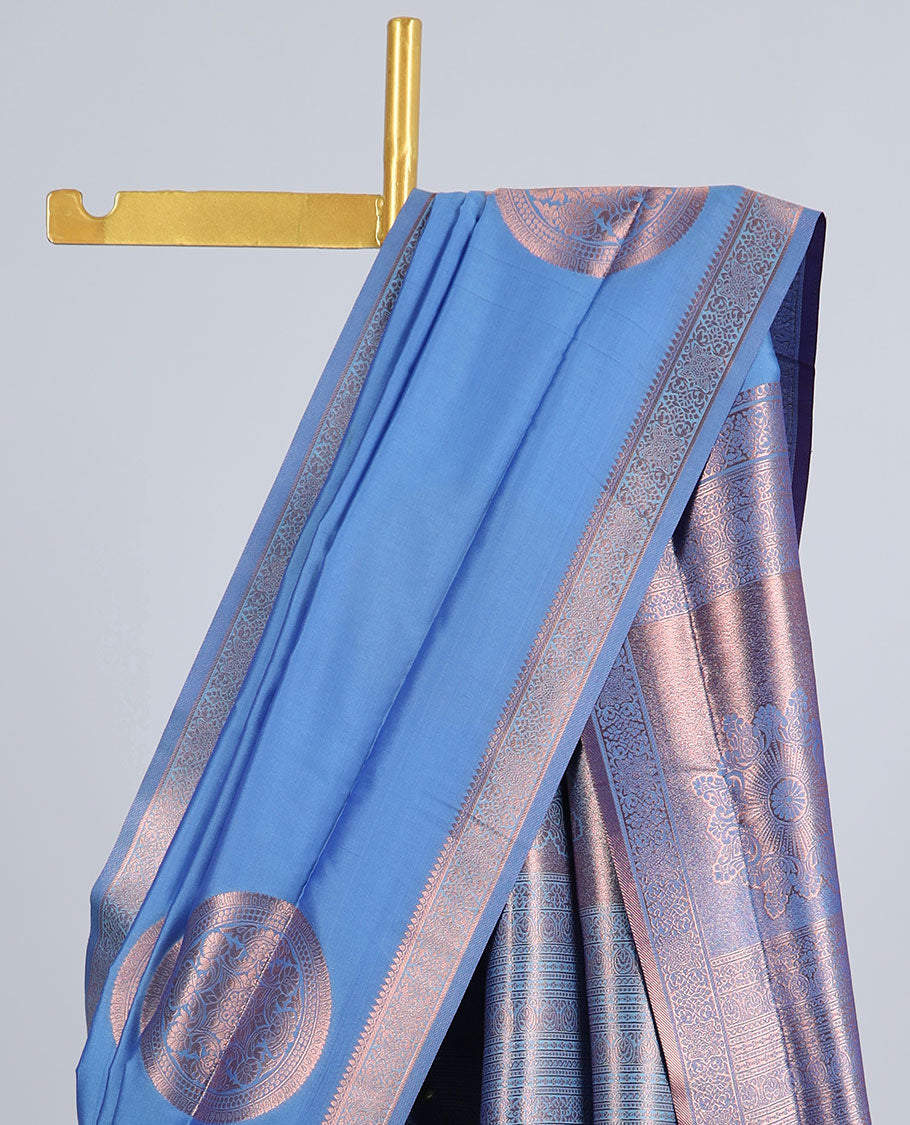 Blue butter silk saree with chakram zari buttas, zari border & self-pallu of traditional designs