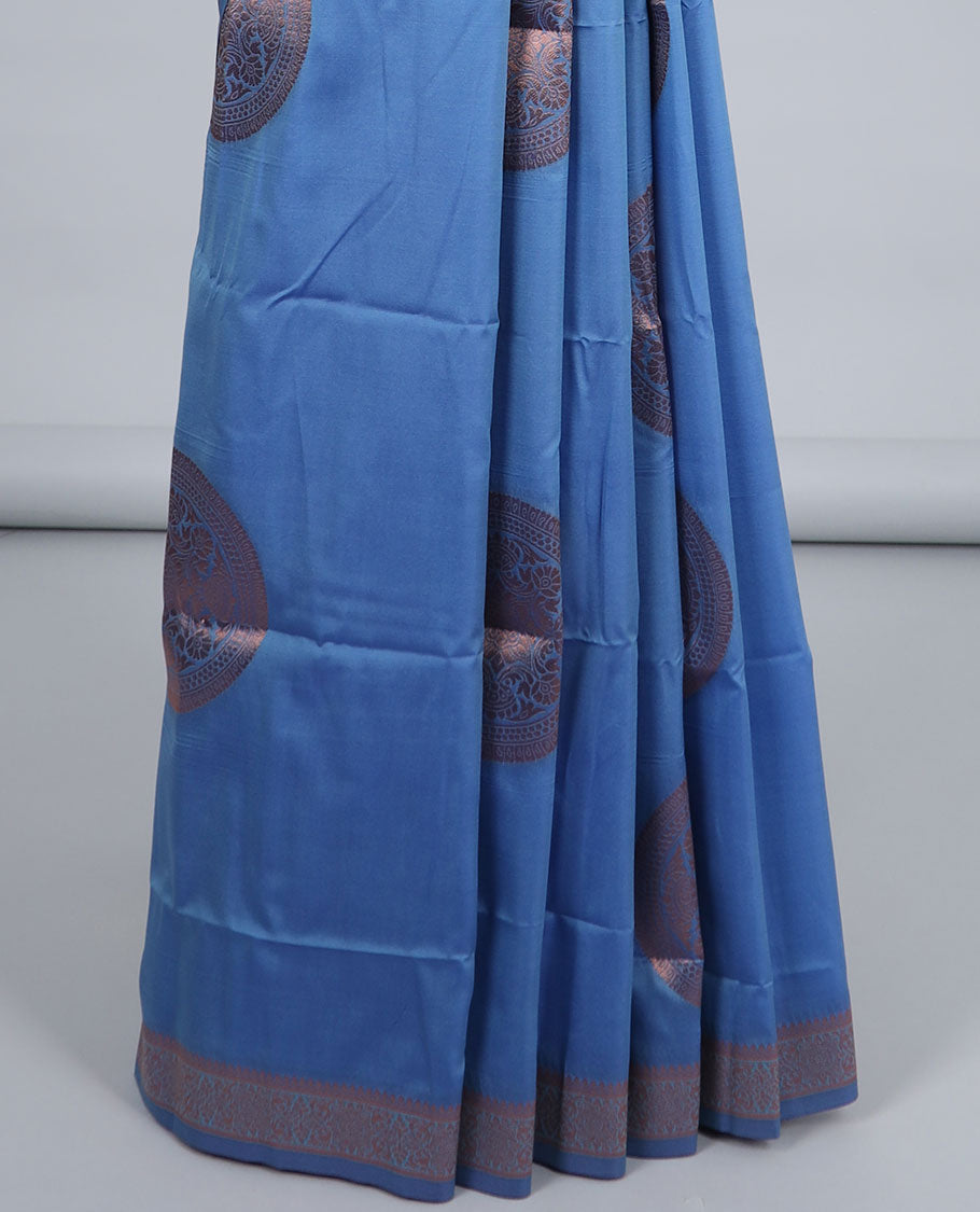 Blue butter silk saree with chakram zari buttas, zari border & self-pallu of traditional designs