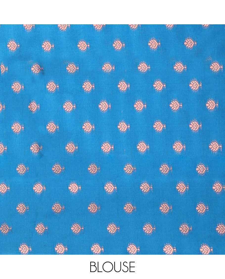 Blue butter silk saree with zari buttas, contrast zari border of floral designs & pallu of intricate designs