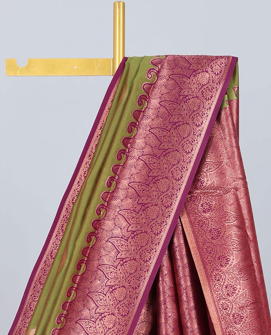 Green butter silk saree with zari buttas, contrast zari border of floral designs & pallu of intricate designs