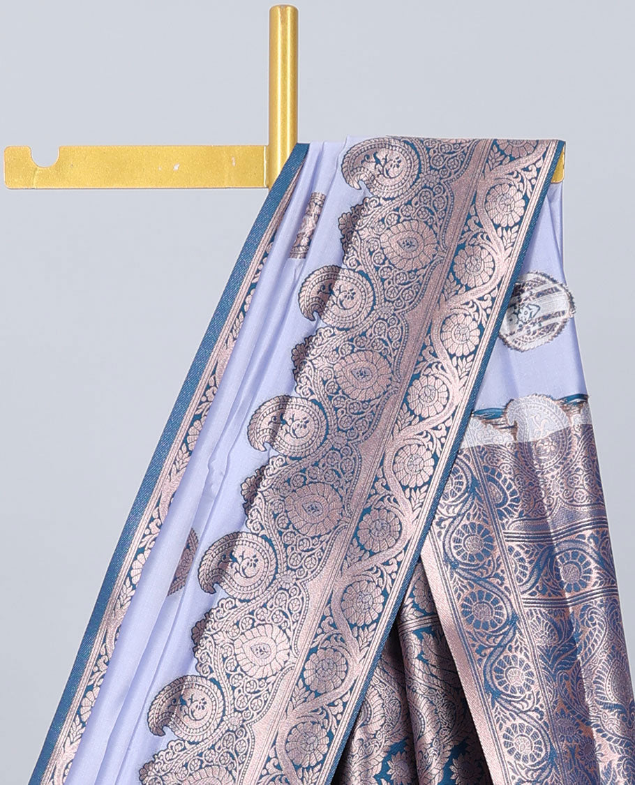 Light lavender butter silk saree with zari buttas, contrast zari border of paisley & floral creeper & intricate pallu