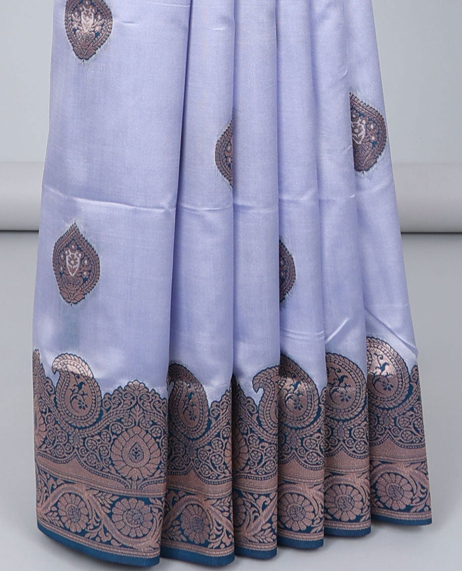 Light lavender butter silk saree with zari buttas, contrast zari border of paisley & floral creeper & intricate pallu