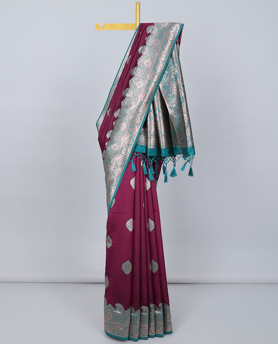 Maroon butter silk saree with zari buttas, contrast zari border of paisley & floral creeper & intricate pallu