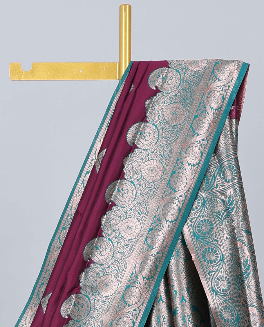 Maroon butter silk saree with zari buttas, contrast zari border of paisley & floral creeper & intricate pallu