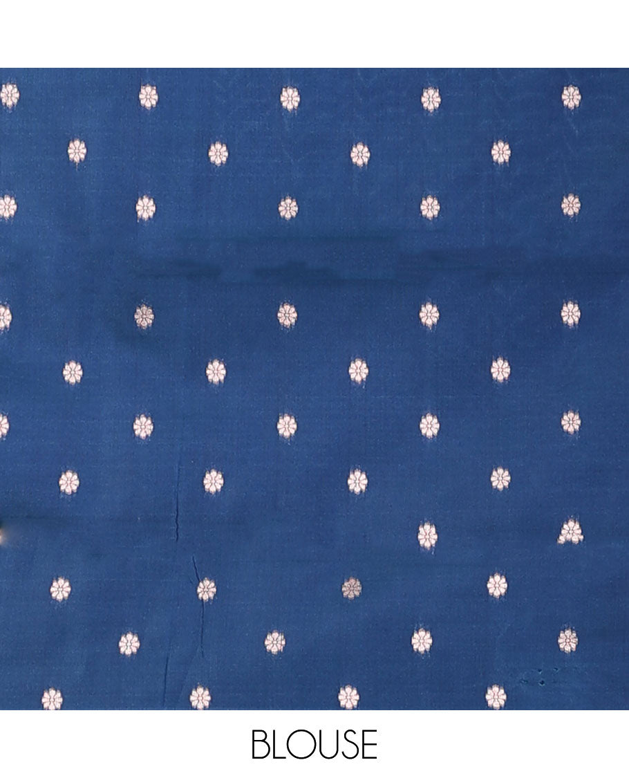 Blue butter silk saree with zari buttas, contrast zari border of paisley & floral creeper & intricate pallu