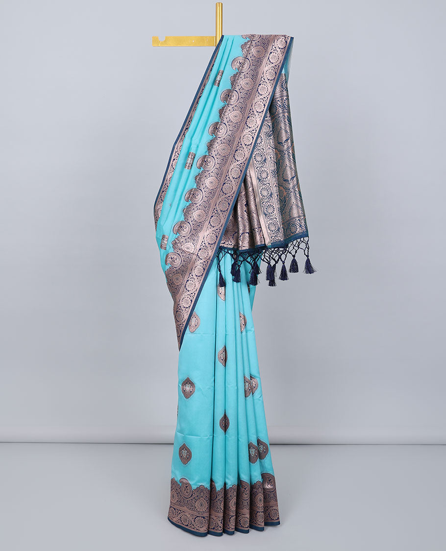 Blue butter silk saree with zari buttas, contrast zari border of paisley & floral creeper & intricate pallu
