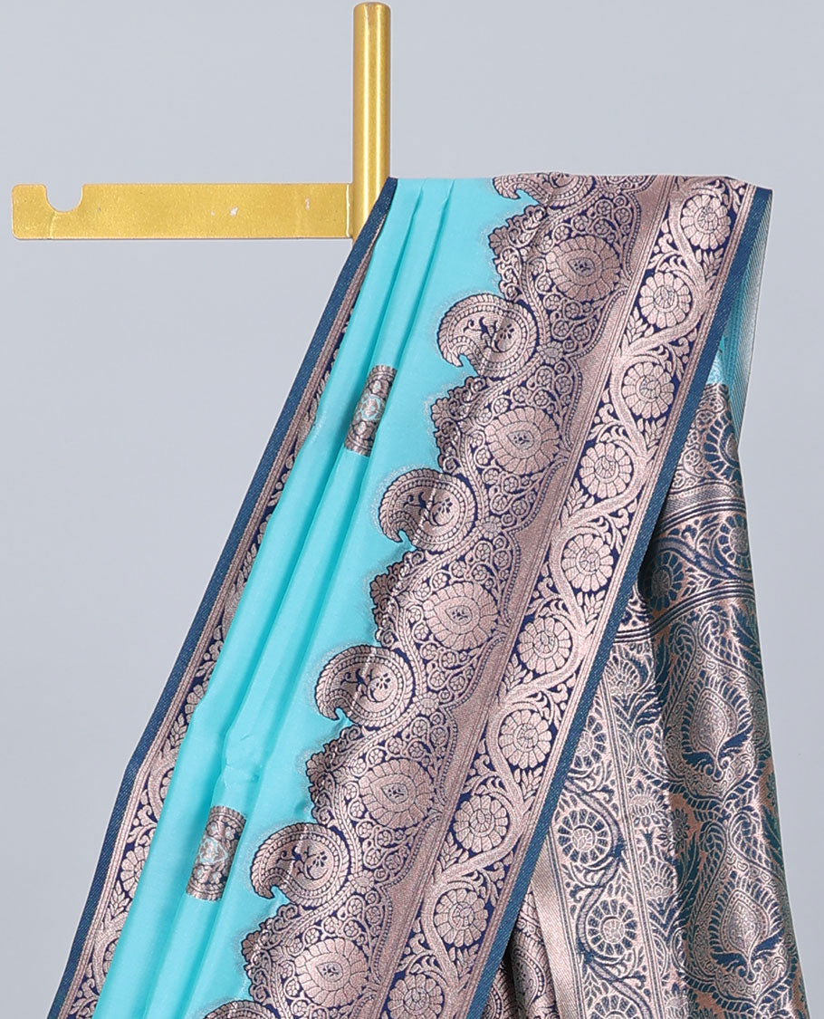 Blue butter silk saree with zari buttas, contrast zari border of paisley & floral creeper & intricate pallu