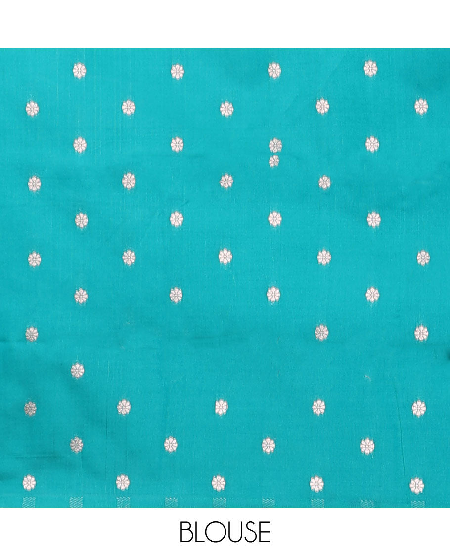 Green butter silk saree with zari buttas, contrast zari border of paisley & floral creeper & intricate pallu