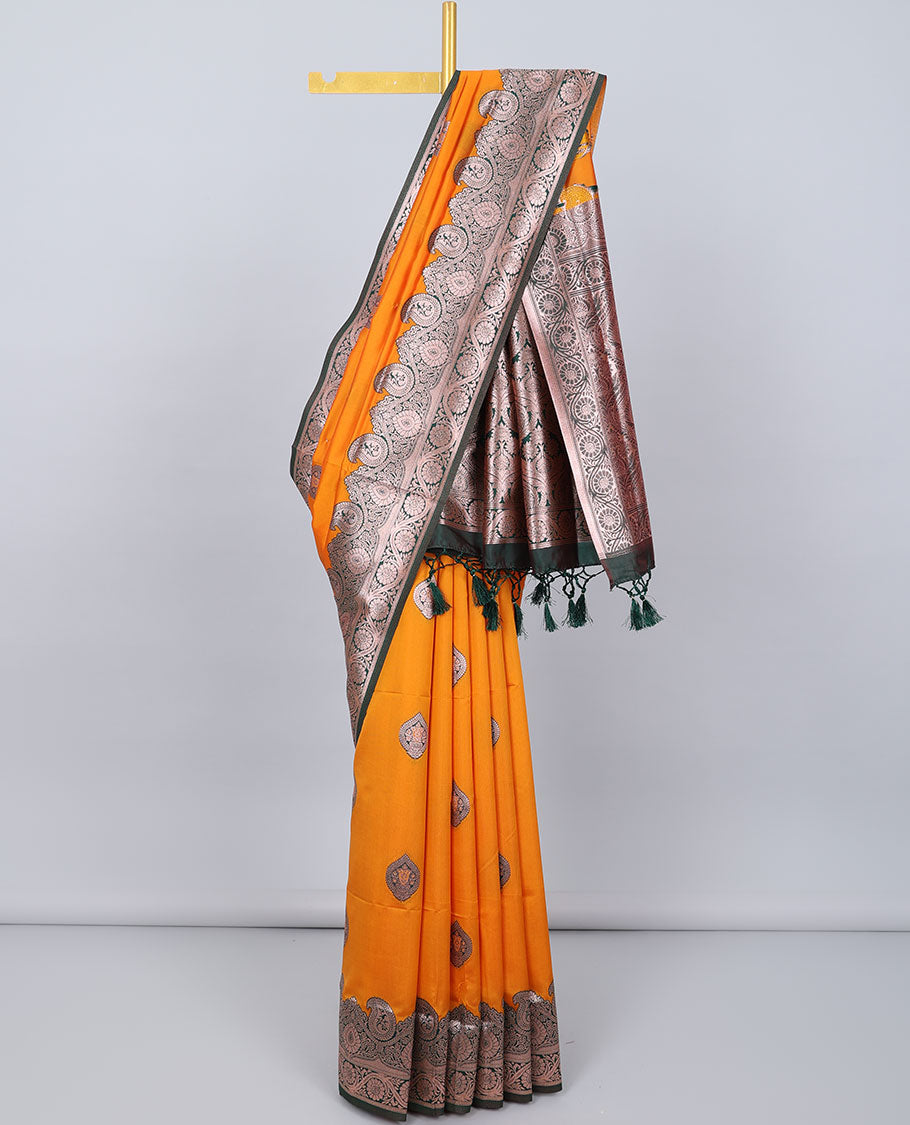 Orange butter silk saree with zari buttas, contrast zari border of paisley & floral creeper & intricate pallu