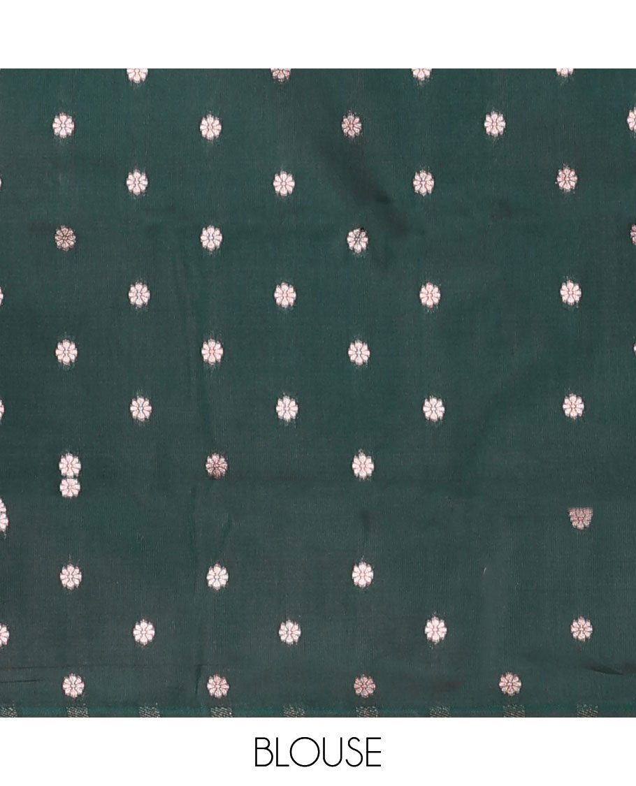 Orange butter silk saree with zari buttas, contrast zari border of paisley & floral creeper & intricate pallu