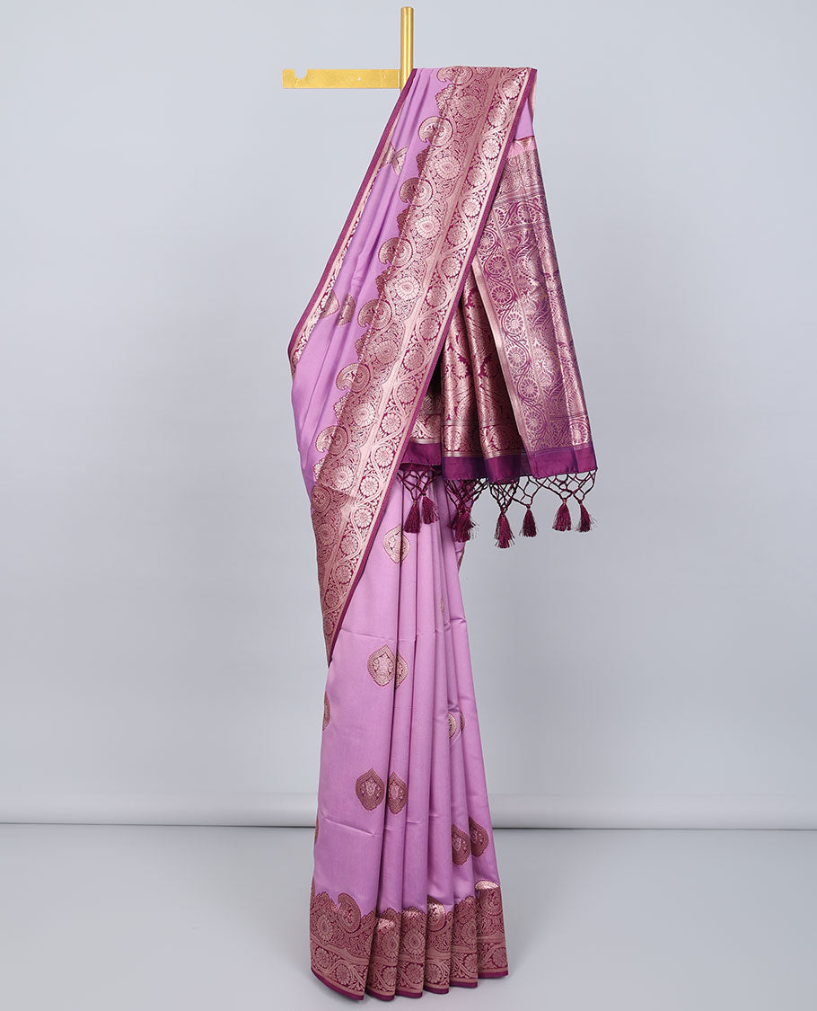 Pink butter silk saree with zari buttas, contrast zari border of paisley & floral creeper & intricate pallu