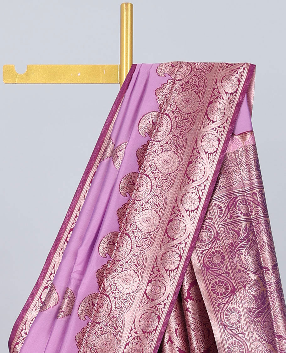Pink butter silk saree with zari buttas, contrast zari border of paisley & floral creeper & intricate pallu