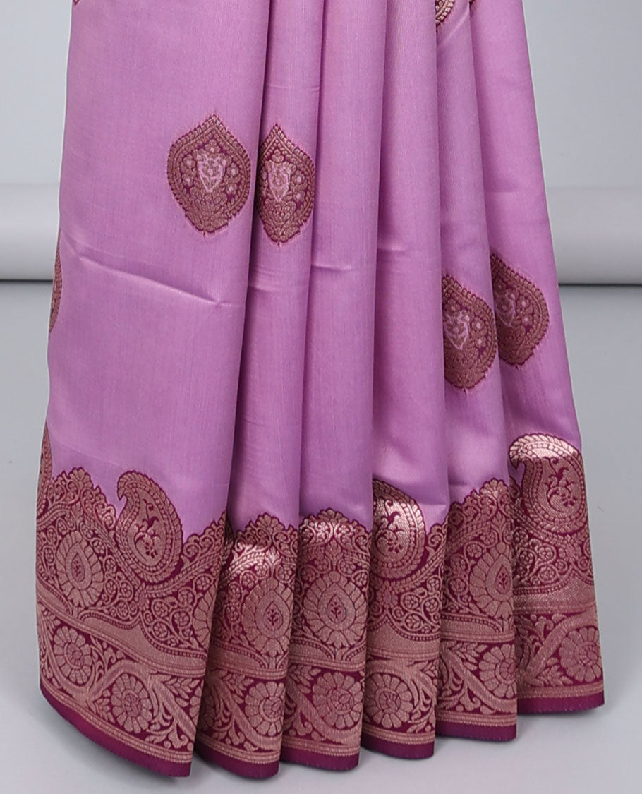 Pink butter silk saree with zari buttas, contrast zari border of paisley & floral creeper & intricate pallu