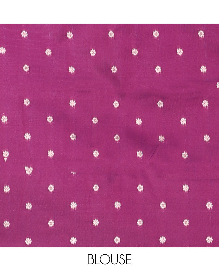 Pink butter silk saree with zari buttas, contrast zari border of paisley & floral creeper & intricate pallu