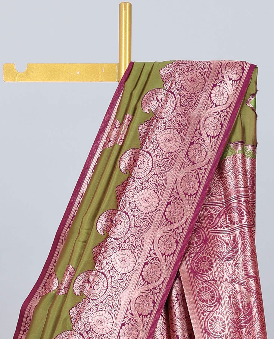 Green butter silk saree with zari buttas, contrast zari border of paisley & floral creeper & intricate pallu