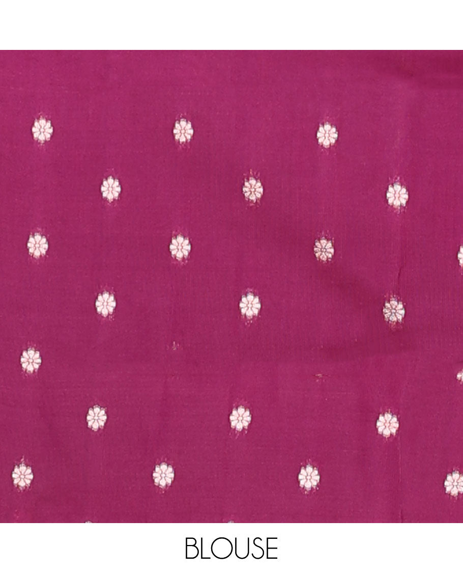 Green butter silk saree with zari buttas, contrast zari border of paisley & floral creeper & intricate pallu