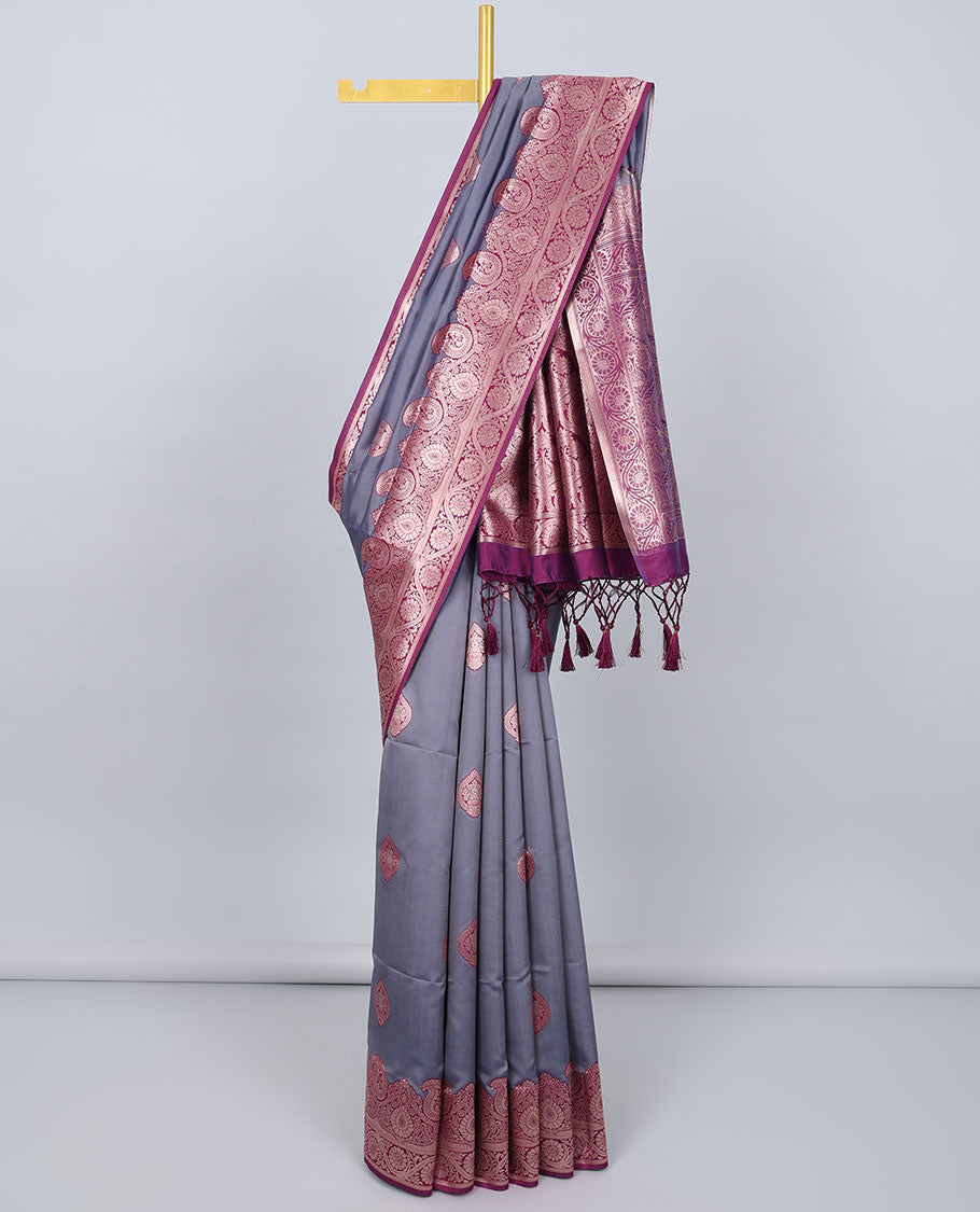 Grey butter silk saree with zari buttas, contrast zari border of paisley & floral creeper & intricate pallu