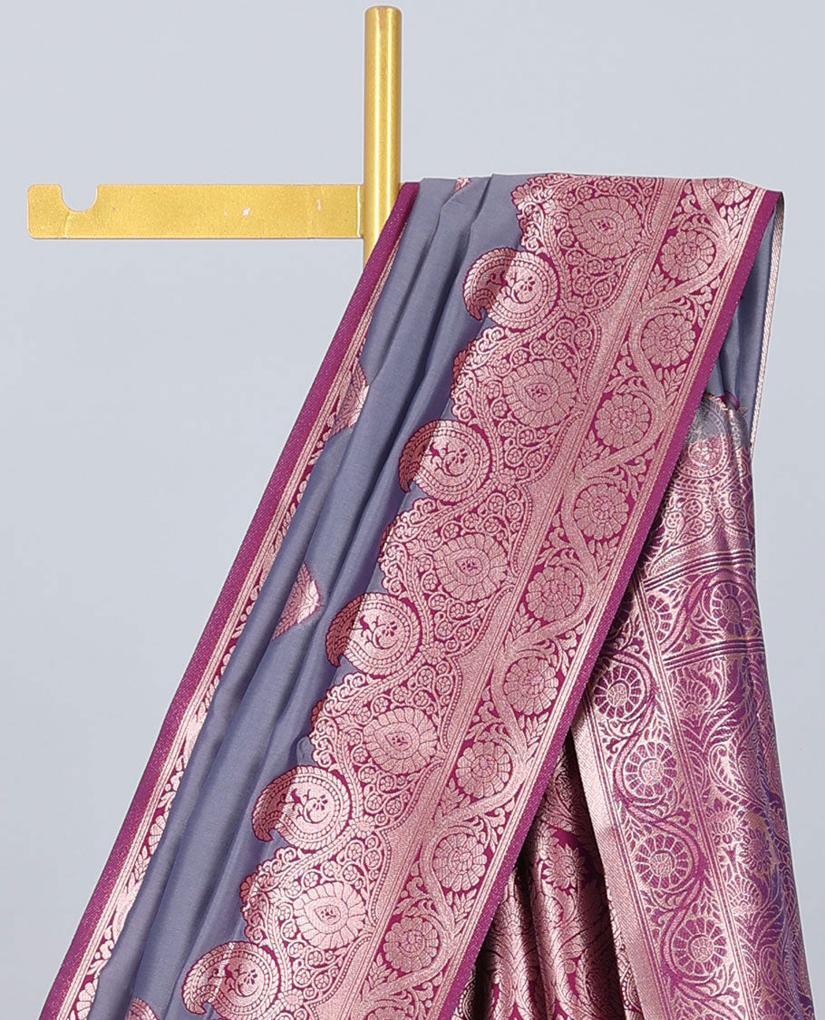 Grey butter silk saree with zari buttas, contrast zari border of paisley & floral creeper & intricate pallu