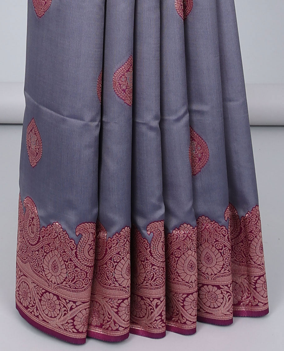 Grey butter silk saree with zari buttas, contrast zari border of paisley & floral creeper & intricate pallu