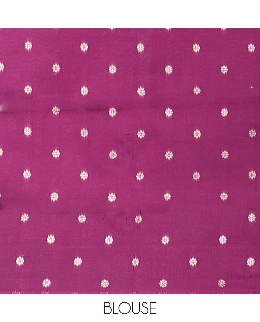 Grey butter silk saree with zari buttas, contrast zari border of paisley & floral creeper & intricate pallu