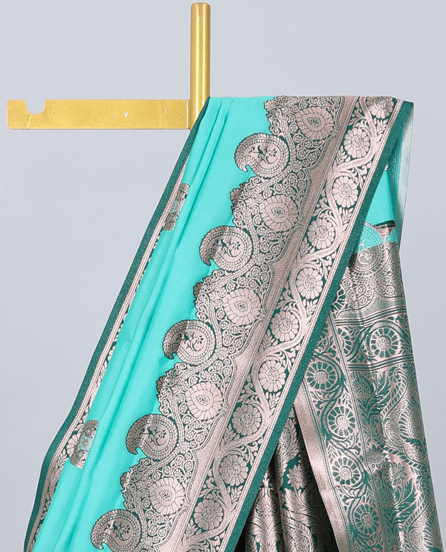 Turquoise butter silk saree with zari buttas, contrast zari border of paisley & floral creeper & intricate pallu