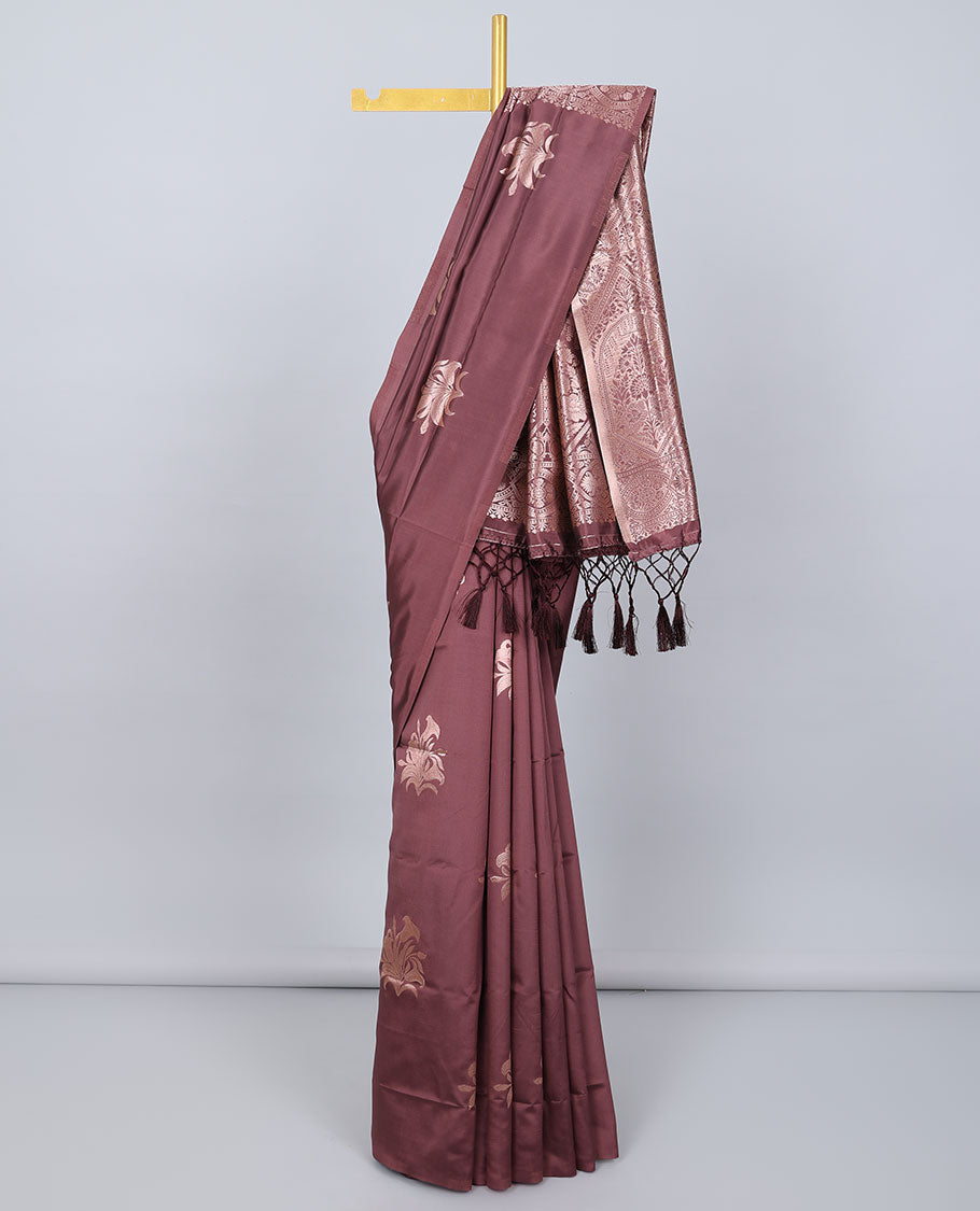 Borderless brown butter silk saree with zari buttas, contrast pallu of intricate designs in zari