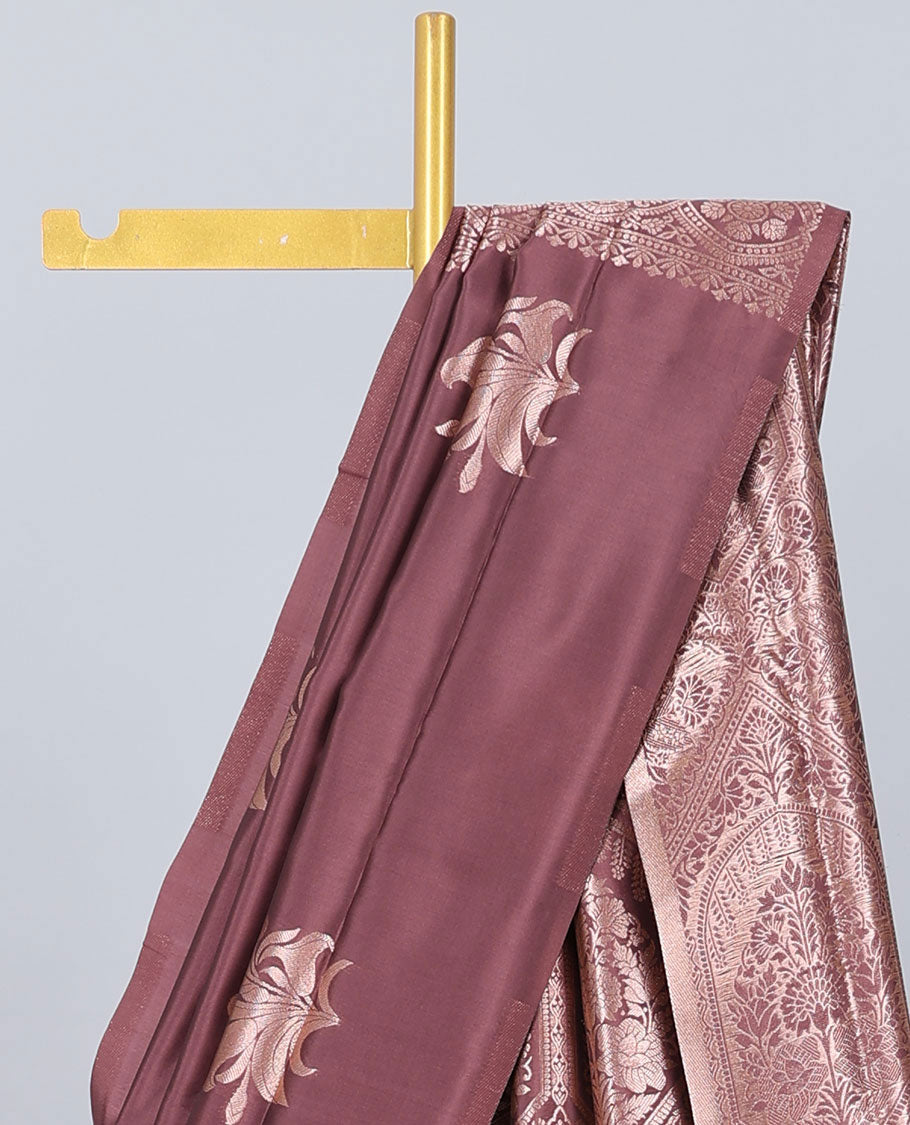 Borderless brown butter silk saree with zari buttas, contrast pallu of intricate designs in zari