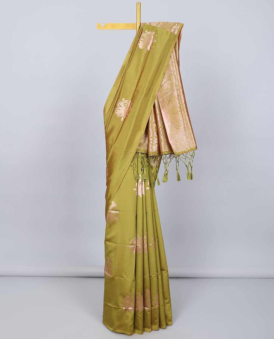 Borderless green butter silk saree with zari buttas, contrast pallu of intricate designs in zari