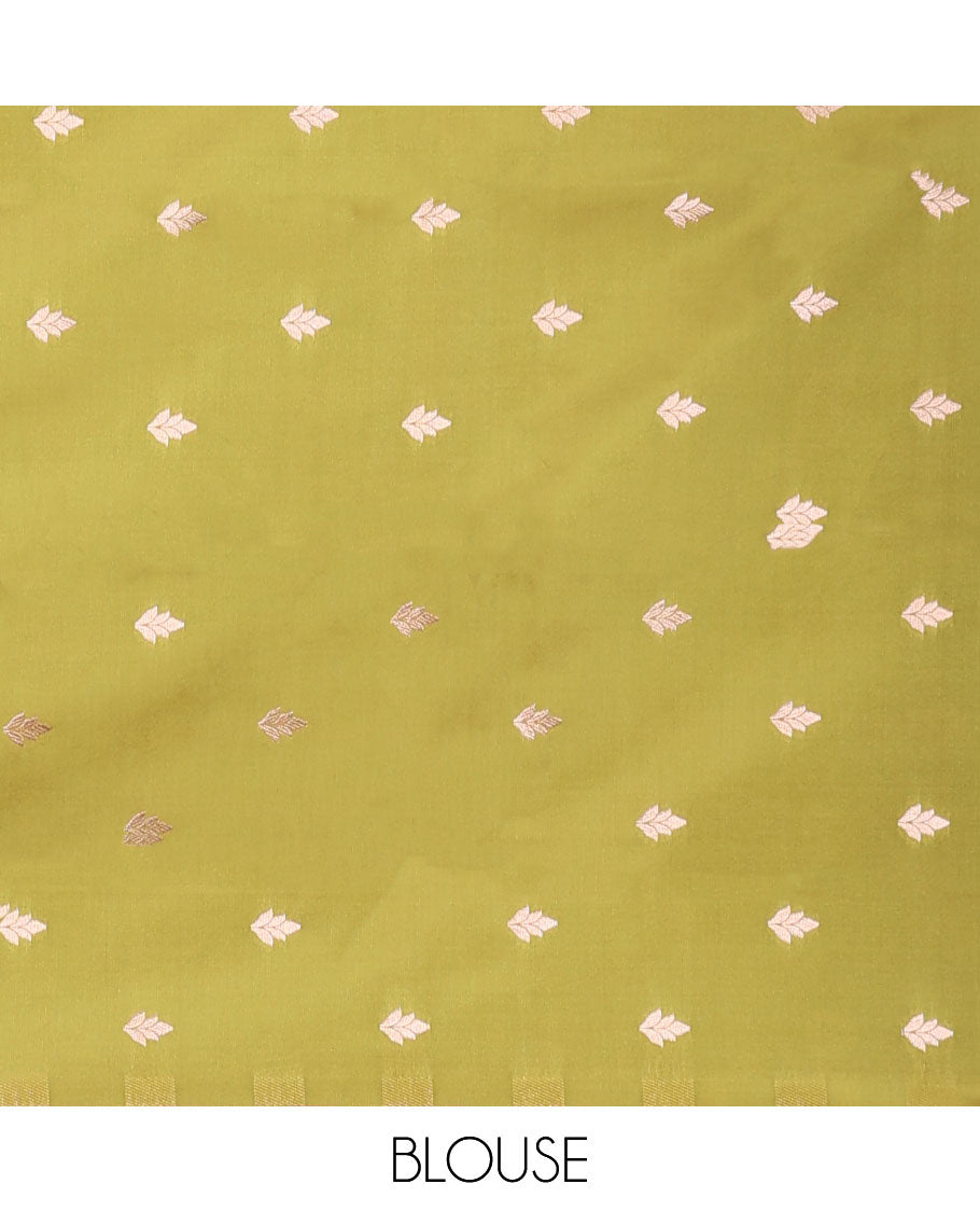Borderless green butter silk saree with zari buttas, contrast pallu of intricate designs in zari