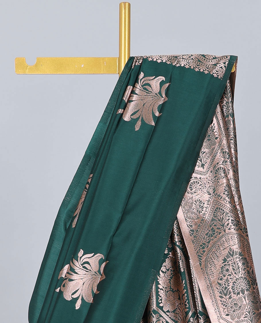 Borderless green butter silk saree with zari buttas, contrast pallu of intricate designs in zari
