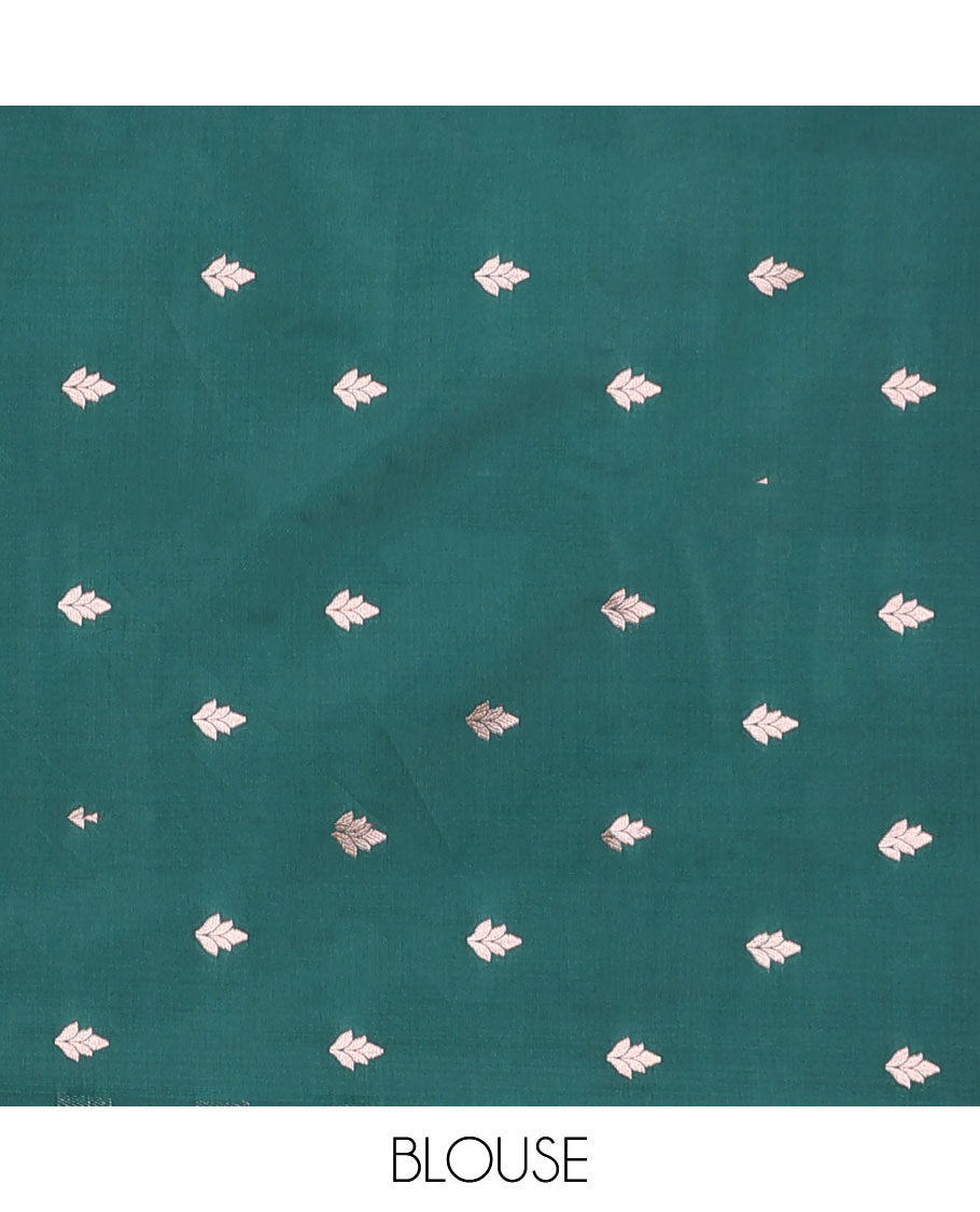 Borderless green butter silk saree with zari buttas, contrast pallu of intricate designs in zari