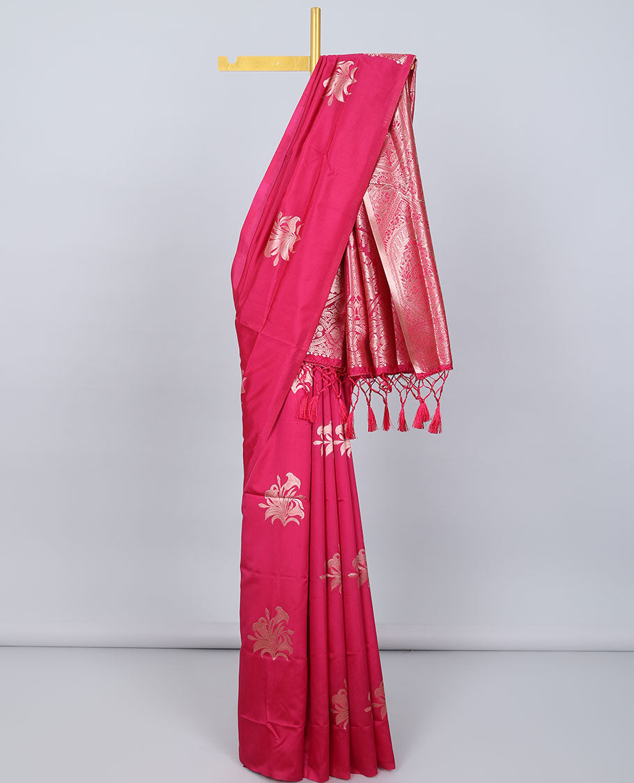 Borderless pink butter silk saree with zari buttas, contrast pallu of intricate designs in zari