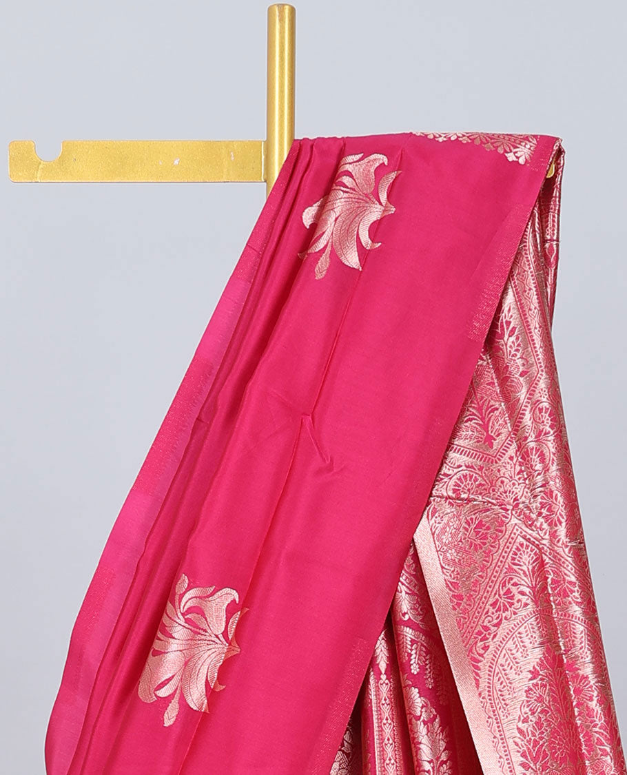 Borderless pink butter silk saree with zari buttas, contrast pallu of intricate designs in zari