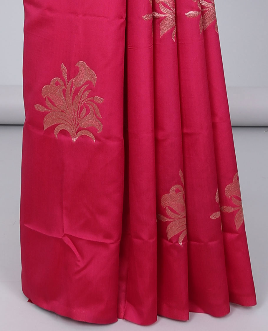 Borderless pink butter silk saree with zari buttas, contrast pallu of intricate designs in zari