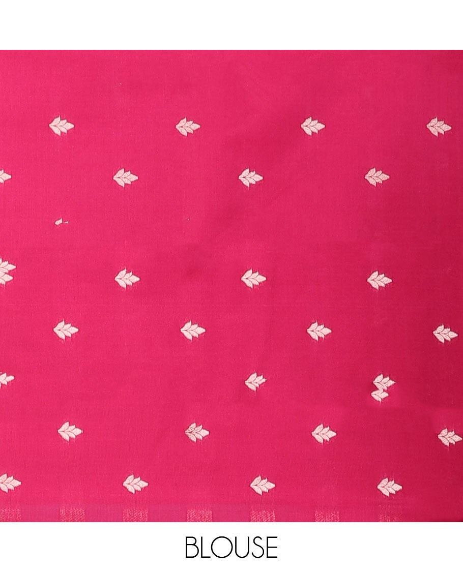 Borderless pink butter silk saree with zari buttas, contrast pallu of intricate designs in zari