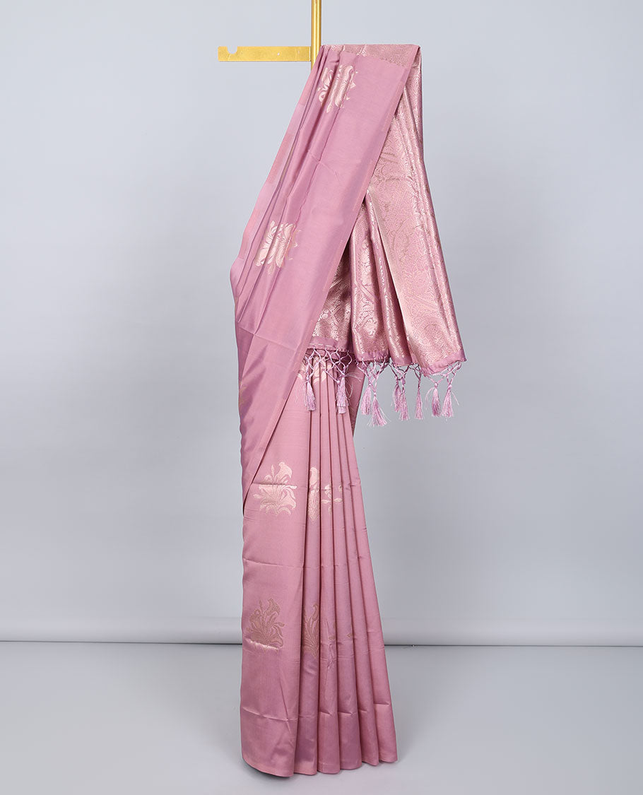 Borderless pink butter silk saree with zari buttas, contrast pallu of intricate designs in zari