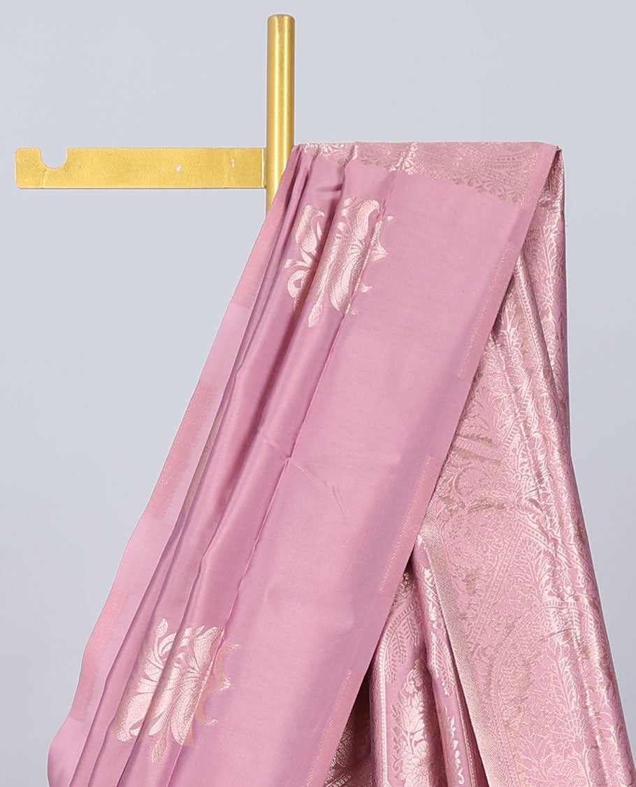 Borderless pink butter silk saree with zari buttas, contrast pallu of intricate designs in zari