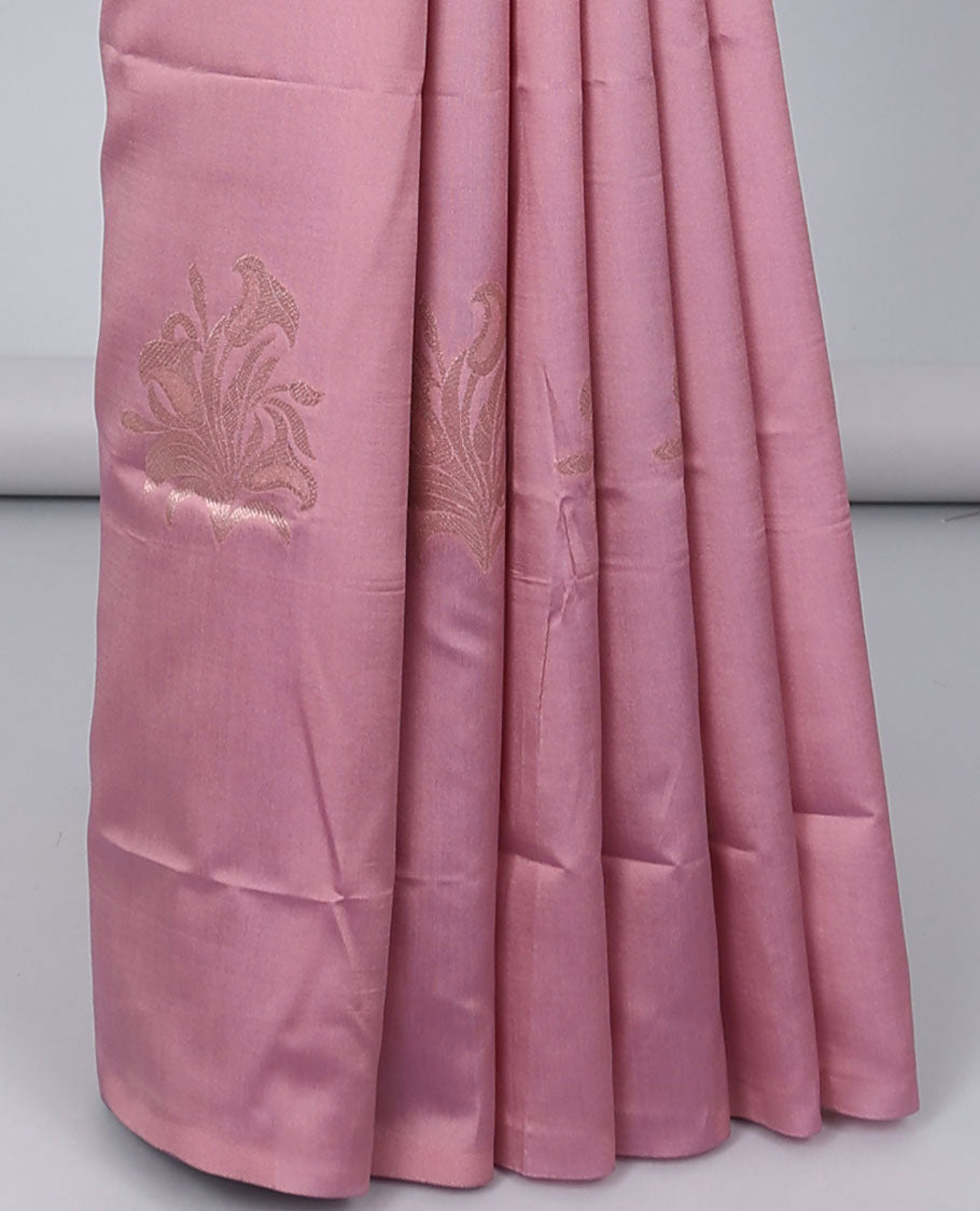 Borderless pink butter silk saree with zari buttas, contrast pallu of intricate designs in zari