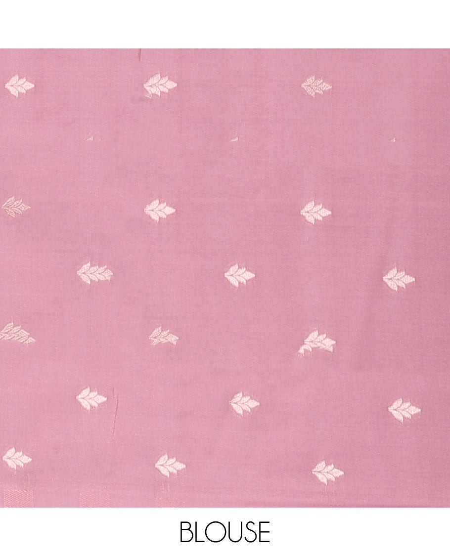 Borderless pink butter silk saree with zari buttas, contrast pallu of intricate designs in zari