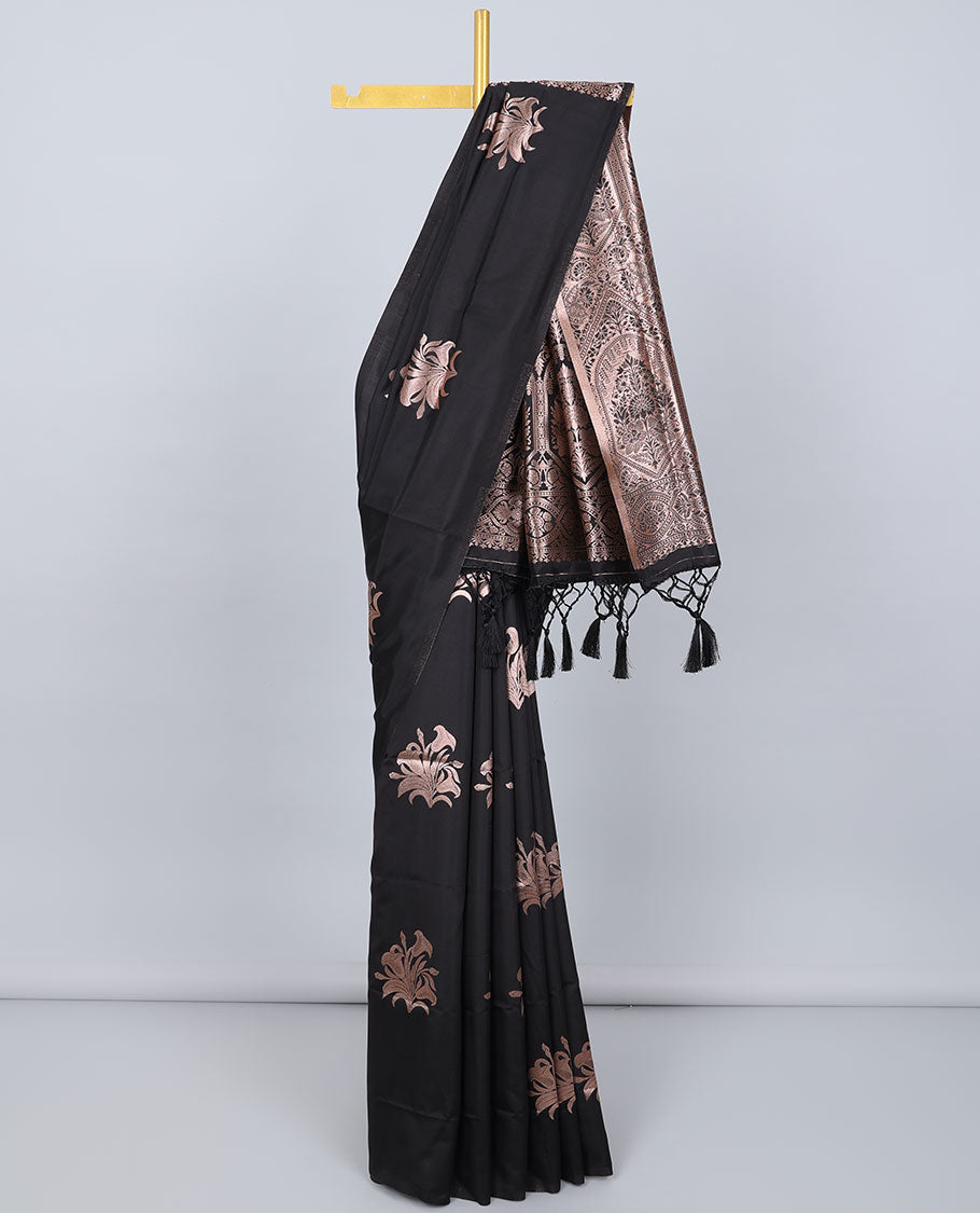 Borderless black butter silk saree with zari buttas, contrast pallu of intricate designs in zari