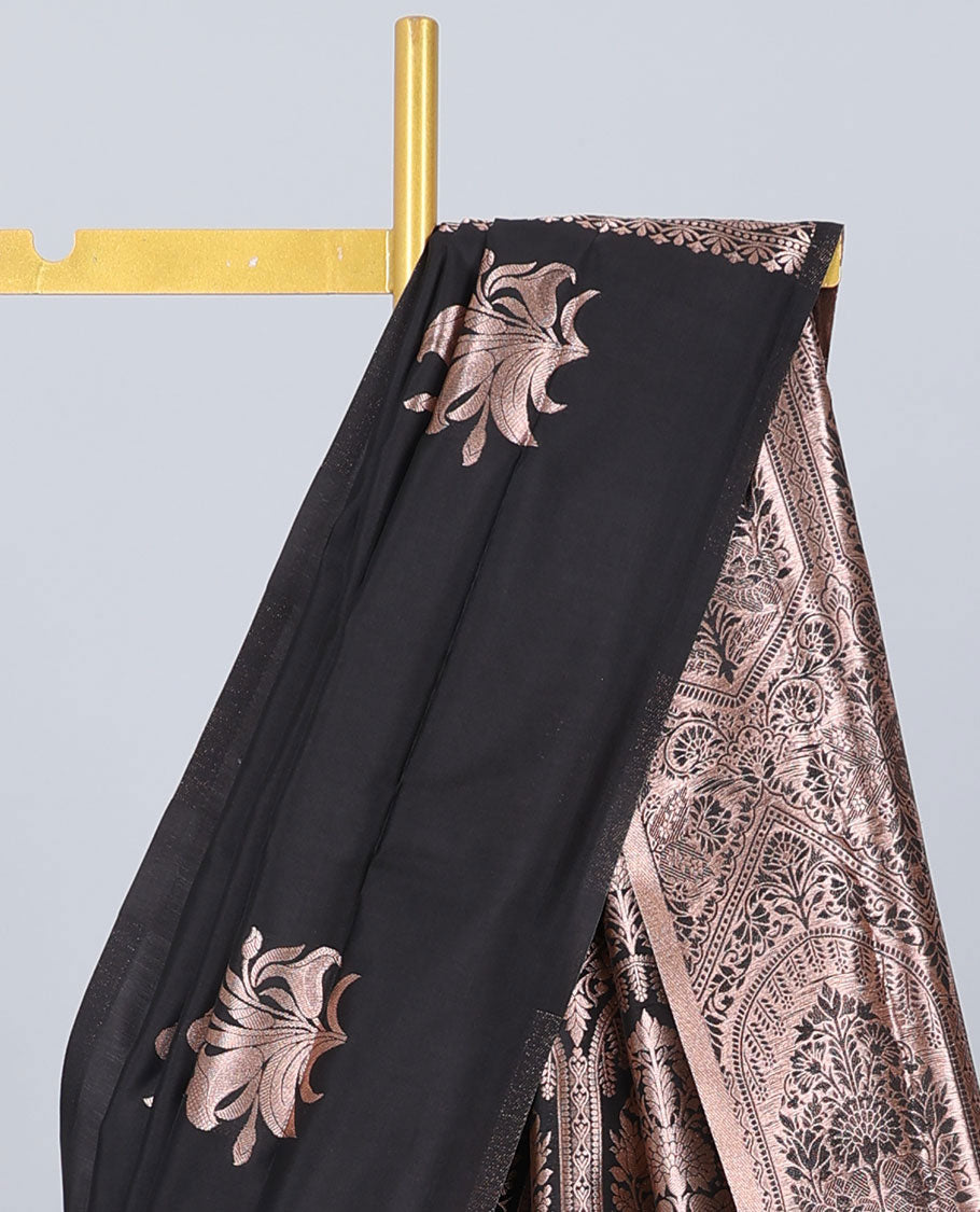 Borderless black butter silk saree with zari buttas, contrast pallu of intricate designs in zari