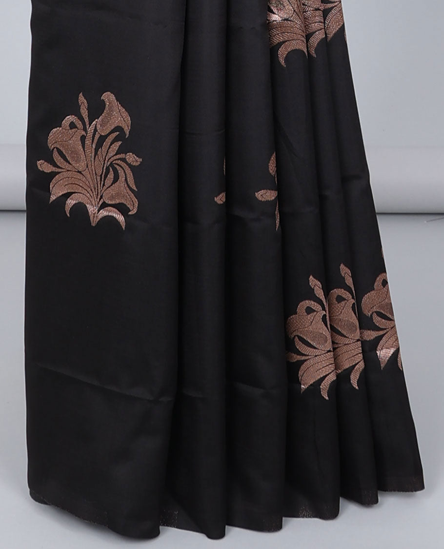 Borderless black butter silk saree with zari buttas, contrast pallu of intricate designs in zari